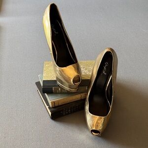 Qupid Shimmering Gold Peep-Toe Heels